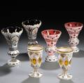 Three Pairs of Bohemian Overlay Glass Vases