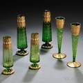 Six Bohemian Mosertype Green Glass Vases