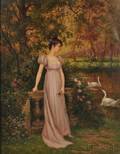 Emile Bar French 19th Century Woman Standing by a Garden Pond with Swans