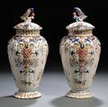 Pair of Polychrome Tinglazed Earthenware Covered Vases