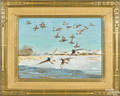 Richard Bishop Pennsylvania 18871975 oil on board of a flock of flying ducks in a winter landscape titled