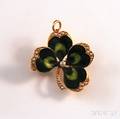 Krementz 14kt Gold Enamel Seed Pearl and Diamond Fourleaf Clover PendantBrooch