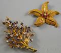 Two 18kt Gold Diamond and Colored Gemstone Brooches