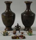 Group of Miniature Asian Metalwork Items and a Pair of Cloisonne Vases