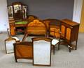 Eightpiece European Art Nouveau Inlaid Fruitwood and Walnut Bedroom Set