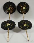 Two Near Pair of 19th Century Rococo Revival Gilt and Polychrome Painted Floraldecorated Black Lacquered Papiermache Hand Screens
