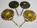 Two Near Pair of Victorian Rococo Revival Gilt and Paintdecorated Black Lacquered Hand Screens