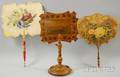 Two Victorian Handpainted Floraldecorated and Embellished Paperboard Hand Screens and an Academydecorated Wood Table Screen with Tur