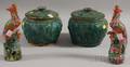 Pair of Chinese Green Glazed Pottery Jars with Covers and a Pair of Bird Figural Flower Holders