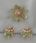 18kt Gold Carved Emerald Ruby and Diamond Brooch and Earclips France