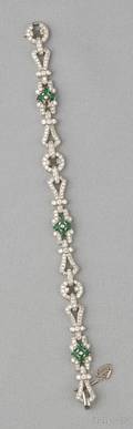 Art Deco Platinum Carved Emerald and Diamond Bracelet