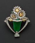 Art Deco Platinum Colored Diamond Diamond and Jade Brooch