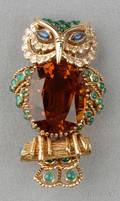 18kt Gold Citrine Diamond and Gemset Owl Brooch Champagnat France