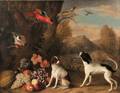 Dutch School 17th Century Style Landscape with Exotic Birds and Two Terriers