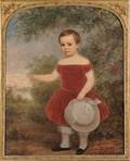 American School 19th Century Portrait of a Young Child Wearing a Red Dress Standing in a Landscape