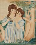 American School Early 19th Century Landscape with Two Girls in Blue Gowns Holding a Paper and a Quill Pen