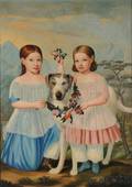 American School 19th Century Portrait of Sally Mathilda and Mary Elizabeth Everett and Their Dog