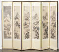 Oriental sixpart folding screen with watercolor scrolls mounted on each panel