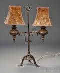 Iron and Brass Twolight Table Lamp with Two Mica Shades