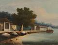 Chinese School 19th Century Landscape with Figures Buildings and a Boat Beside a River