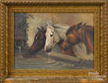 Oil on canvas of three horses drinking from a trough