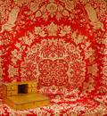 Pine Lap Desk Surmounted with a Fourdrawer Cabinet and an 1850 Dated Red and White Wool and Cotton Jacquard Woven Coverlet