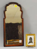 Miniature Giltwood Framed Hollowcut Silhouette of a Gentleman and Small Queen Anne Walnut Veneer Looking Glass