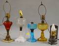 Five Colored and Colorless Pressed and Molded Glass Oil Lamps