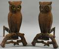 Pair of Cast Iron and Glass Owl Andirons