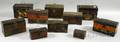 Ten Painted and Decorated Toleware Mostly Dometop Document Boxes