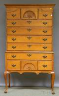 Queen Annestyle Carved Tiger Maple and Maple Flattop Highboy
