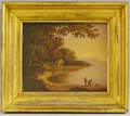 19th Century American School Oil on Board Lakeshore Landscape View with Men and a Dog