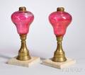 Pair of Cranberry Glass Brass and Marble Fluid Lamps