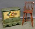 Cape Cod Polychrome Paintdecorated Childs Blanket Chest over Drawer and a Redpainted and Stencildecorated Childs Rodback High 