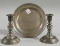Pair of R Dunham Pewter Candlesticks and a D Melvin Pewter Plate