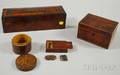 Three Inlaid and Marquetrydecorated Burlwood and Mahogany Veneer Boxes and a Small Redpainted Wood Slidelid Box