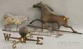 Molded Copper Running Horse with Bobbed Tail Weather Vane and a Metal Cow and Arrow James Weather Vane