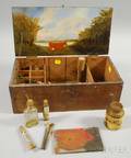Wooden Decorators Paint Box with Interior Painted Scene and Accoutrements