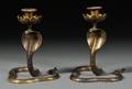 Pair of Persian Brass and Niello Snakeform Candlesticks