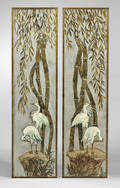 Two Philip and Kelvin Laverne Bronze Crane Decorated Wall Plaques