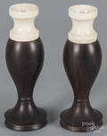 Pair of lignum vitae and bone vases