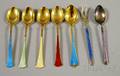 Seven Small Guilloche Enameled Sterling Silver Flatware Items