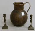 Pair of Bronze Tapersticks and Brass and Copper Jug