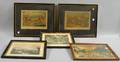 Four Framed 19th Century English Handcolored Lithograph Hunting Scenes and a French Handcolored Lithograph Vue du Canal et de lHotel