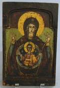 Greek Polychrome Painted Wood Icon Depicting the Madonna and Child