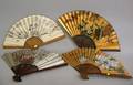 Five Large Chinese and Asian Hand Fans and a Small Modern Painted Scroll Depicting a Young Woman with Contents of a Box