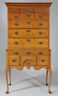 Eldred Wheeler Queen Annestyle Carved Tiger Maple and Maple Flattop Highboy