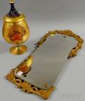 Italian Gilt and Handpainted Turkoman Scene Decorated Cobalt Glass Vase with Cover and a Goldpainted Art Nouveau Gessoframed Mirror