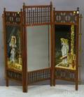 Victorian Aesthetic Movement Brassmounted Oak Eglomise and Mirrored Glass Threepanel Firescreen