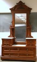 Victorian Renaissance Revival White Marbletop Carved Walnut Dropwell Mirrored Dresser